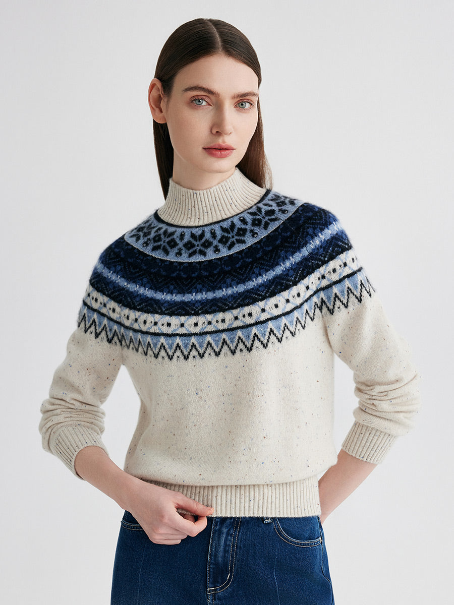 COMOBOCA 100% Cashmere Women's Fair Isle Mock Neck Sweater