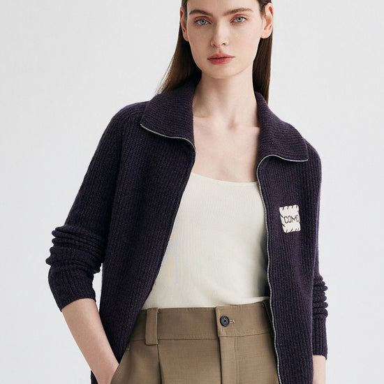 COMOBOCA 100% Cashmere Women's Ribbed Collared Zip Up Cardigan