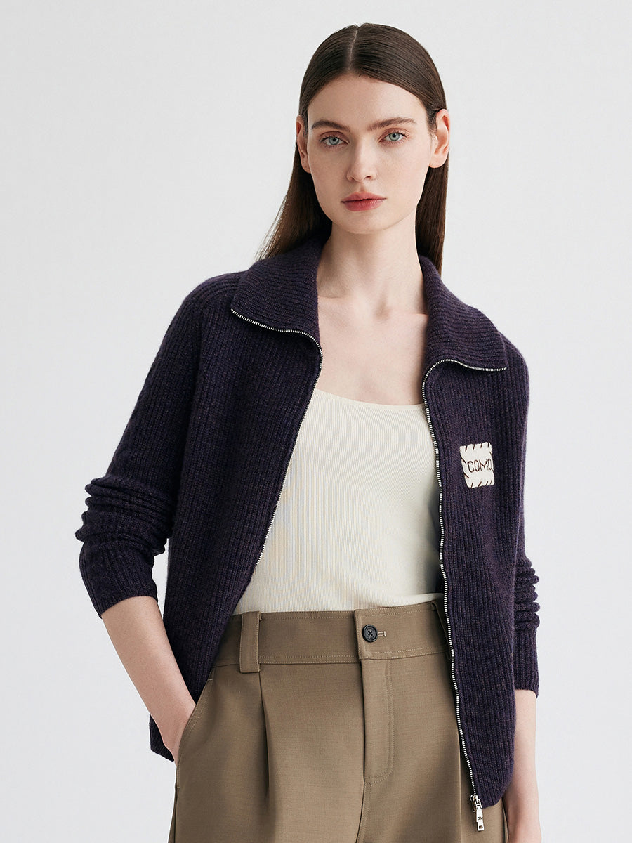 COMOBOCA 100% Cashmere Women's Ribbed Collared Zip Up Cardigan