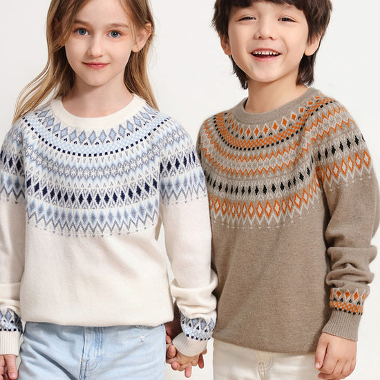 COMOBOCA 100% Wool Kids' Fair Isle Round Neck Sweater