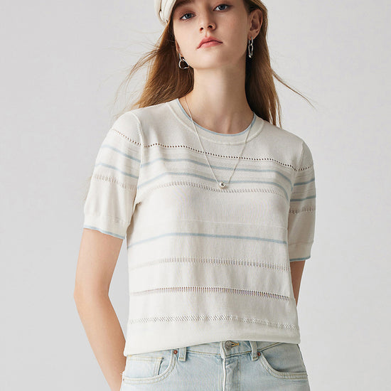 COMOBOCA Women's Relaxed Fit Striped Knit T-Shirt