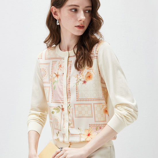 COMOBOCA Women's Printed Panel Knit Cardigan