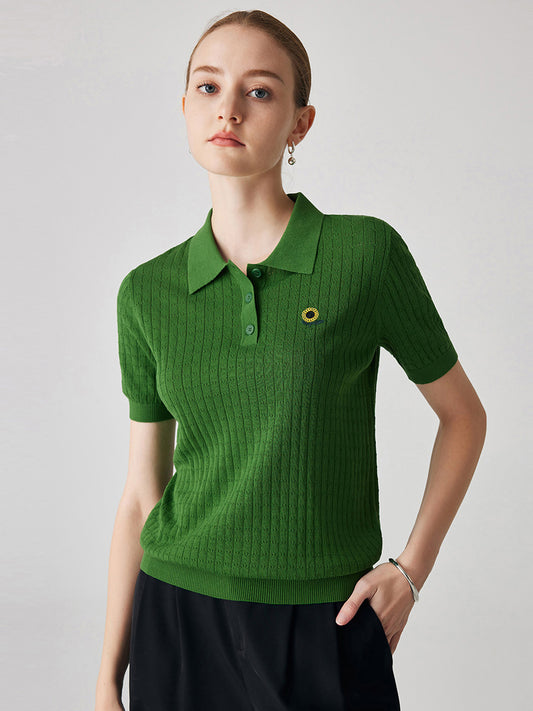COMOBOCA Green Women's Classic Cotton Silk Polo Knit T-Shirt