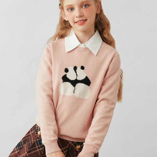 COMOBOCA 100% Wool Kids' Panda Pattern Round Neck Sweater