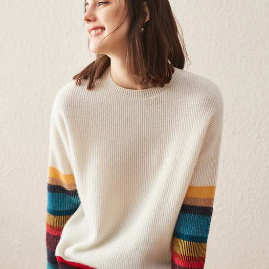 COMOBOCA XL White 100% Cashmere Women's Striped Round Neck Sweater