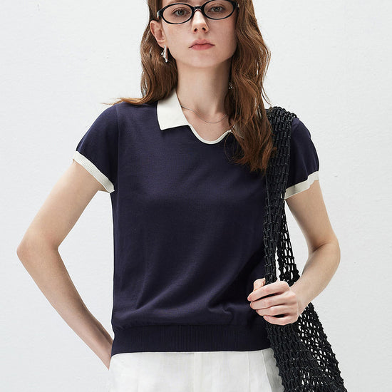 COMOBOCA Navy Women's Contrast Collar V-Neck Knit Polo T-Shirt