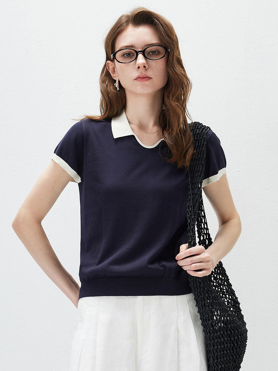 COMOBOCA Navy Women's Contrast Collar V-Neck Knit Polo T-Shirt