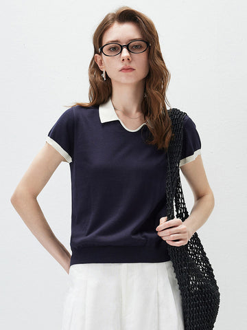 COMOBOCA Navy Women's Contrast Collar V-Neck Knit Polo T-Shirt