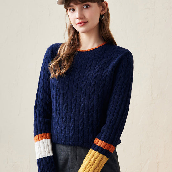 COMOBOCA Navy Blue 100% Wool Women's Colorblock Cable Knit Sweater