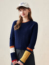 COMOBOCA Navy Blue 100% Wool Women's Colorblock Cable Knit Sweater