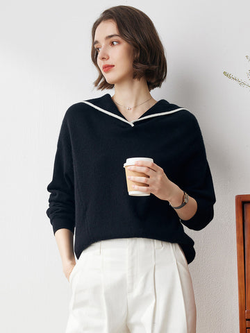 COMOBOCA Black 100% Cashmere Women's Sailor Collar Sweater