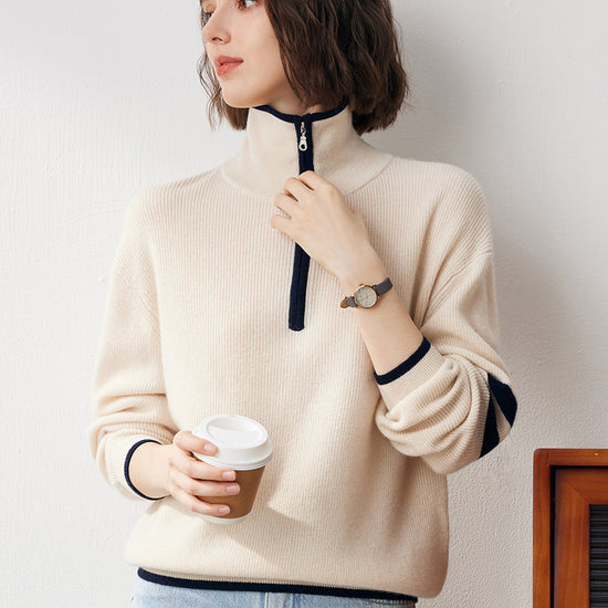 COMOBOCA 100% Cashmere Women's Contrast Trim Zip Sweater