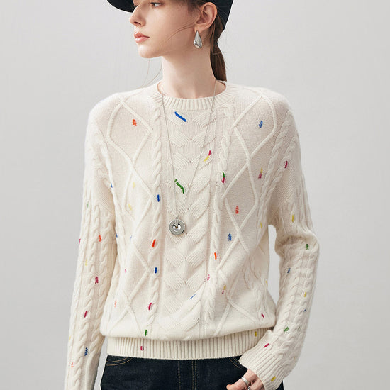 COMOBOCA 100% Cashmere Women's Cable Knit Colorful Accents Sweater