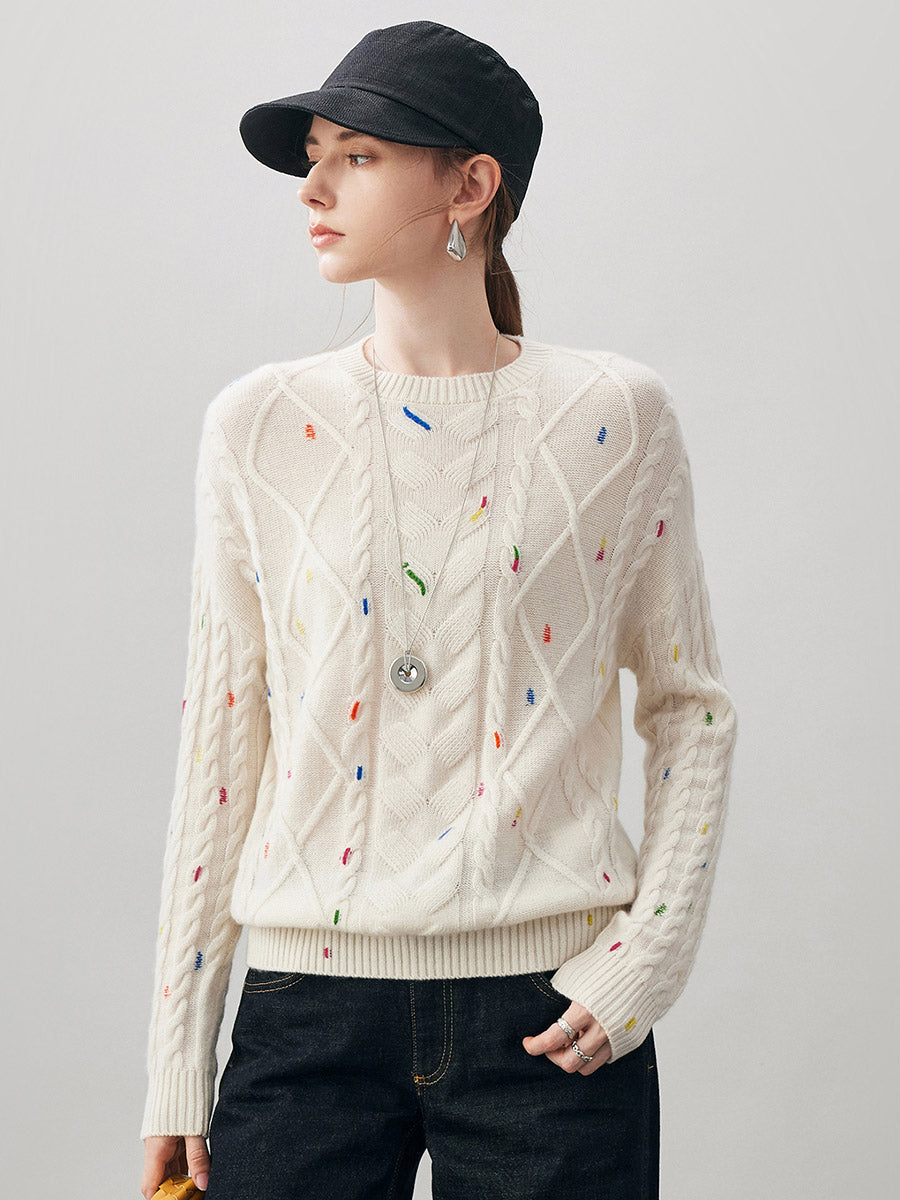 COMOBOCA 100% Cashmere Women's Cable Knit Colorful Accents Sweater