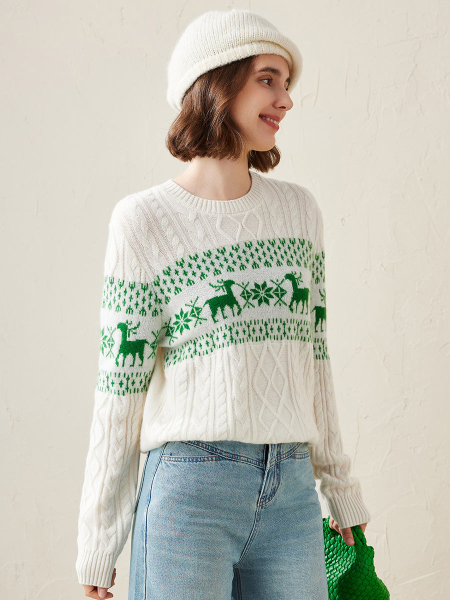 100% Cashmere Women's Cozy Reindeer Fair Isle Knit Sweater – COMOBOCA