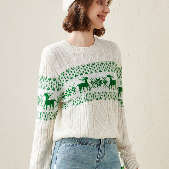 COMOBOCA 100% Cashmere Women's Cozy Reindeer Fair Isle Knit Sweater