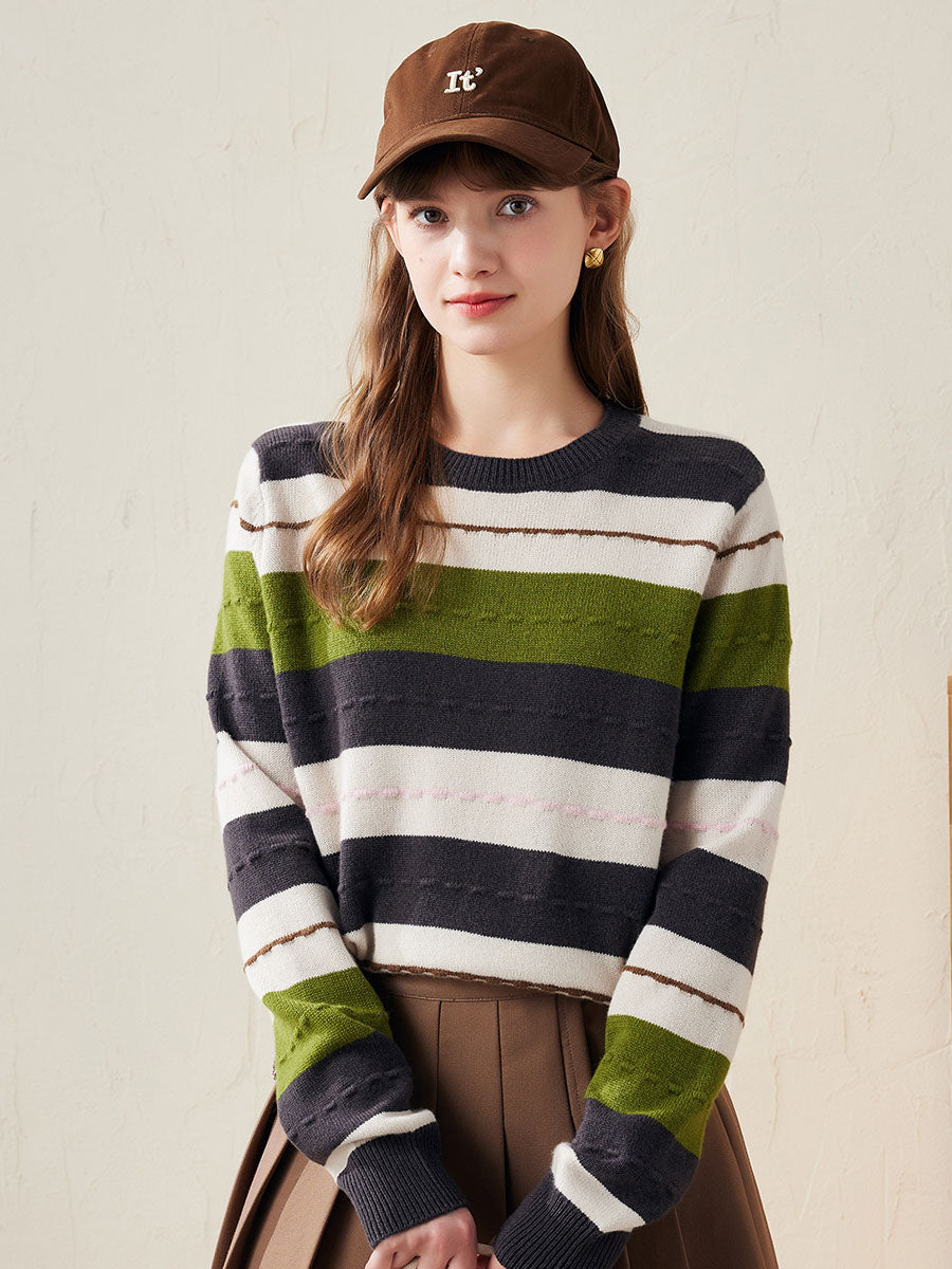 COMOBOCA Olive Green 100% Wool Women's Cozy Striped Knit Sweater