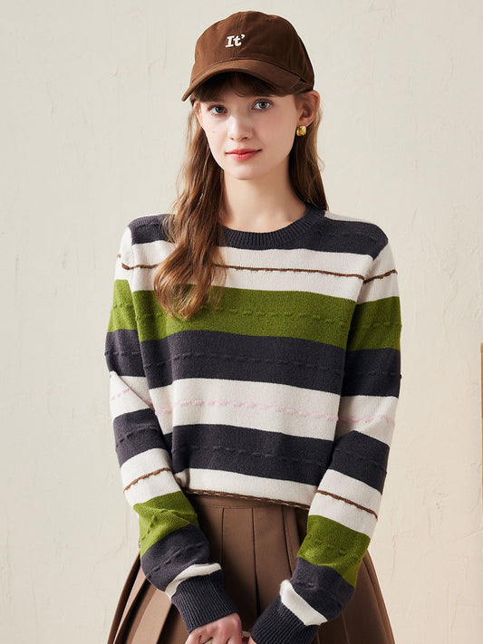 COMOBOCA Olive Green 100% Wool Women's Cozy Striped Knit Sweater