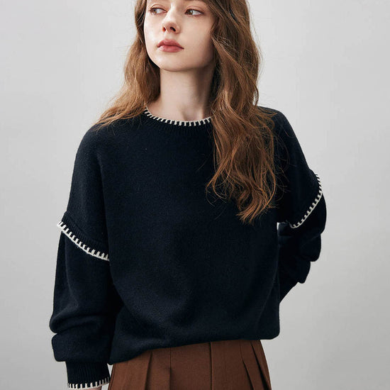 COMOBOCA 100% Wool Women's Contrast Trim Knit Sweater