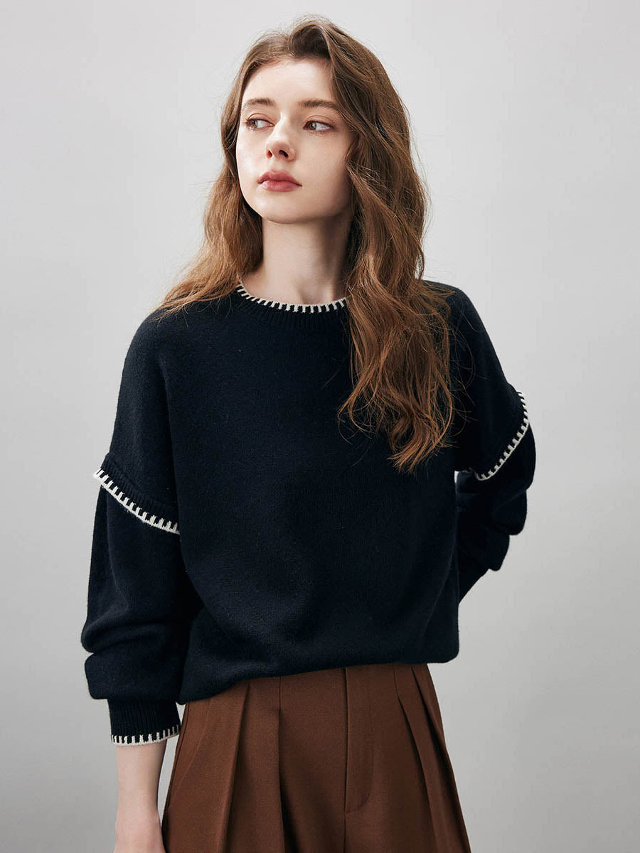 COMOBOCA 100% Wool Women's Contrast Trim Knit Sweater