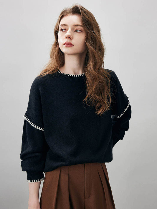 COMOBOCA 100% Wool Women's Contrast Trim Knit Sweater