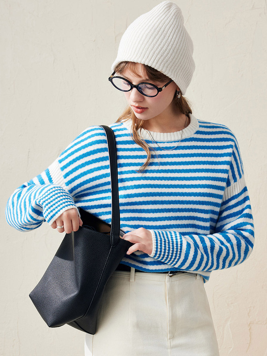 COMOBOCA Blue 100% Wool Women's Striped Knit Pullover Sweater