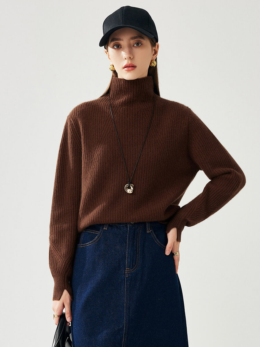 COMOBOCA 100% Cashmere Women's Turtleneck Ribbed Sweater