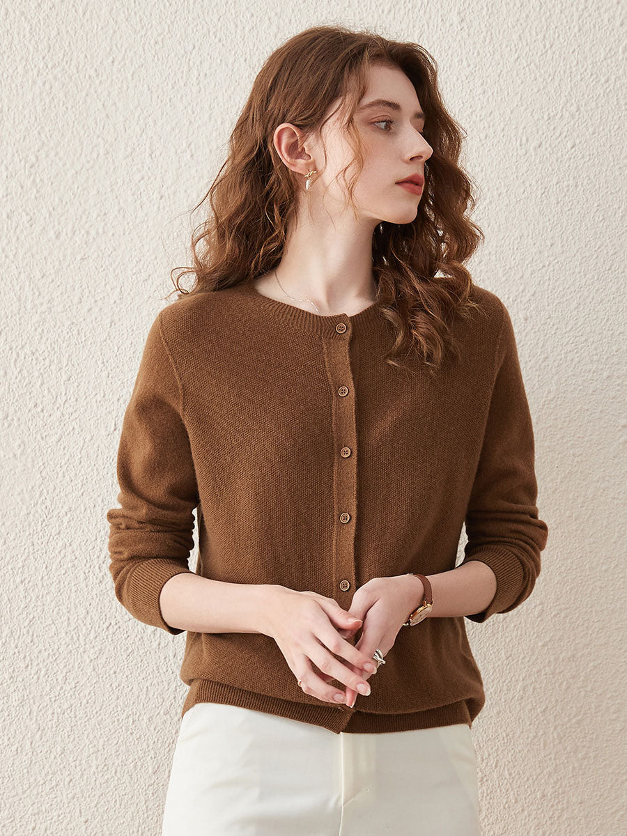 COMOBOCA 100% Wool Women's Round Neck Knit Cardigan