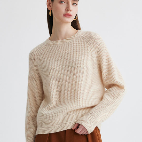 COMOBOCA Beige 100% Cashmere Women's Ribbed Round Neck Sweater