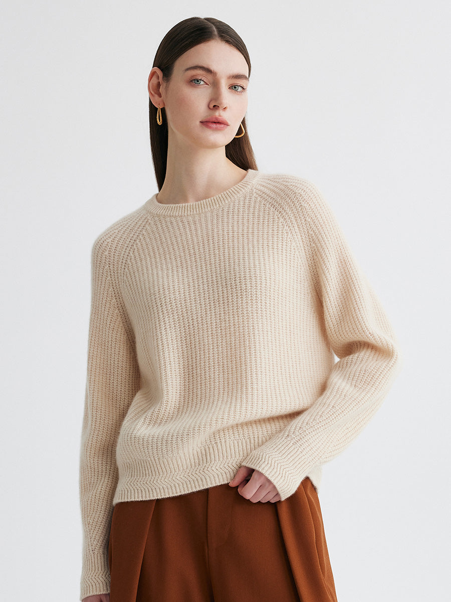 COMOBOCA Beige 100% Cashmere Women's Ribbed Round Neck Sweater