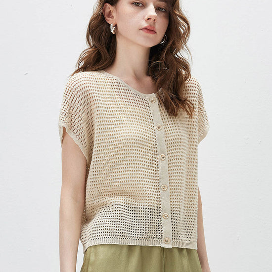 COMOBOCA Women's Openwork Mesh Knit Button Front Top