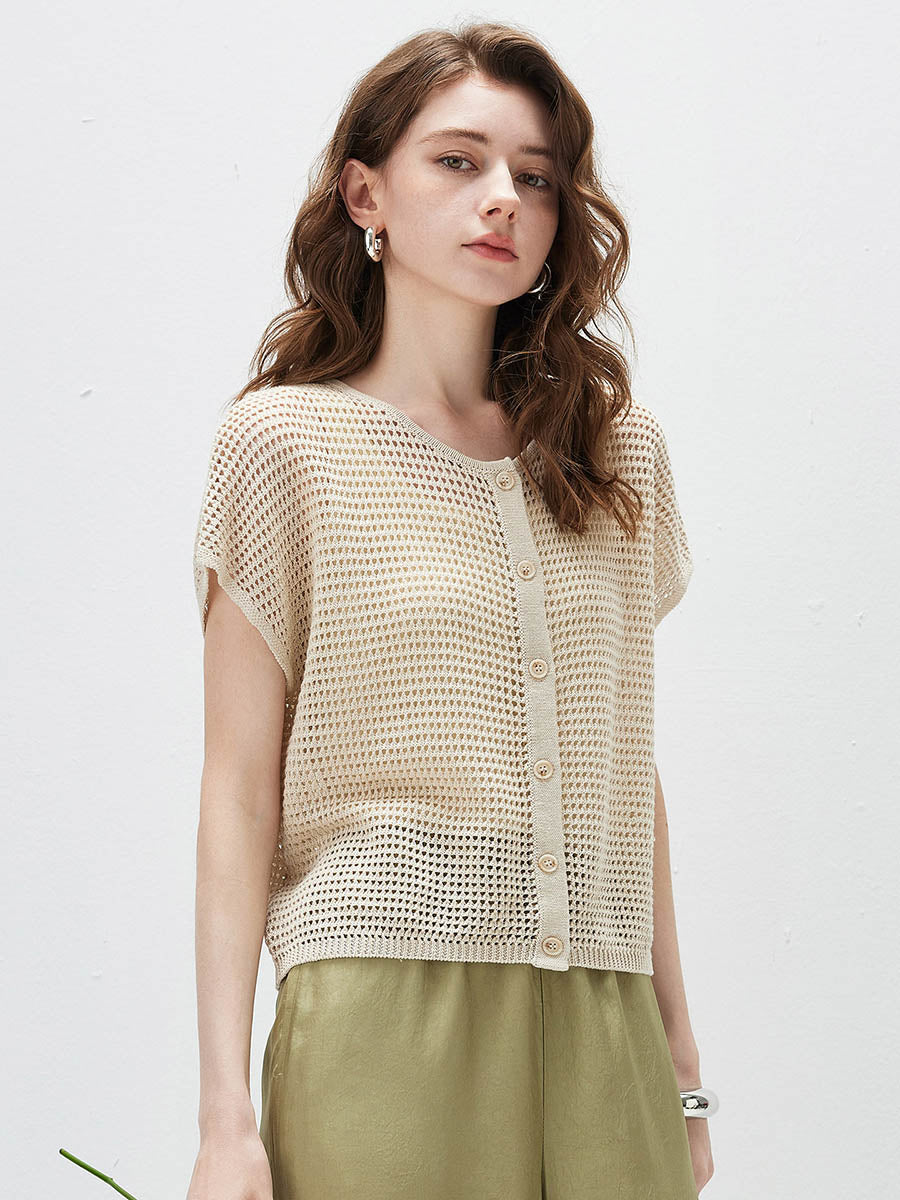 COMOBOCA Women's Openwork Mesh Knit Button Front Top