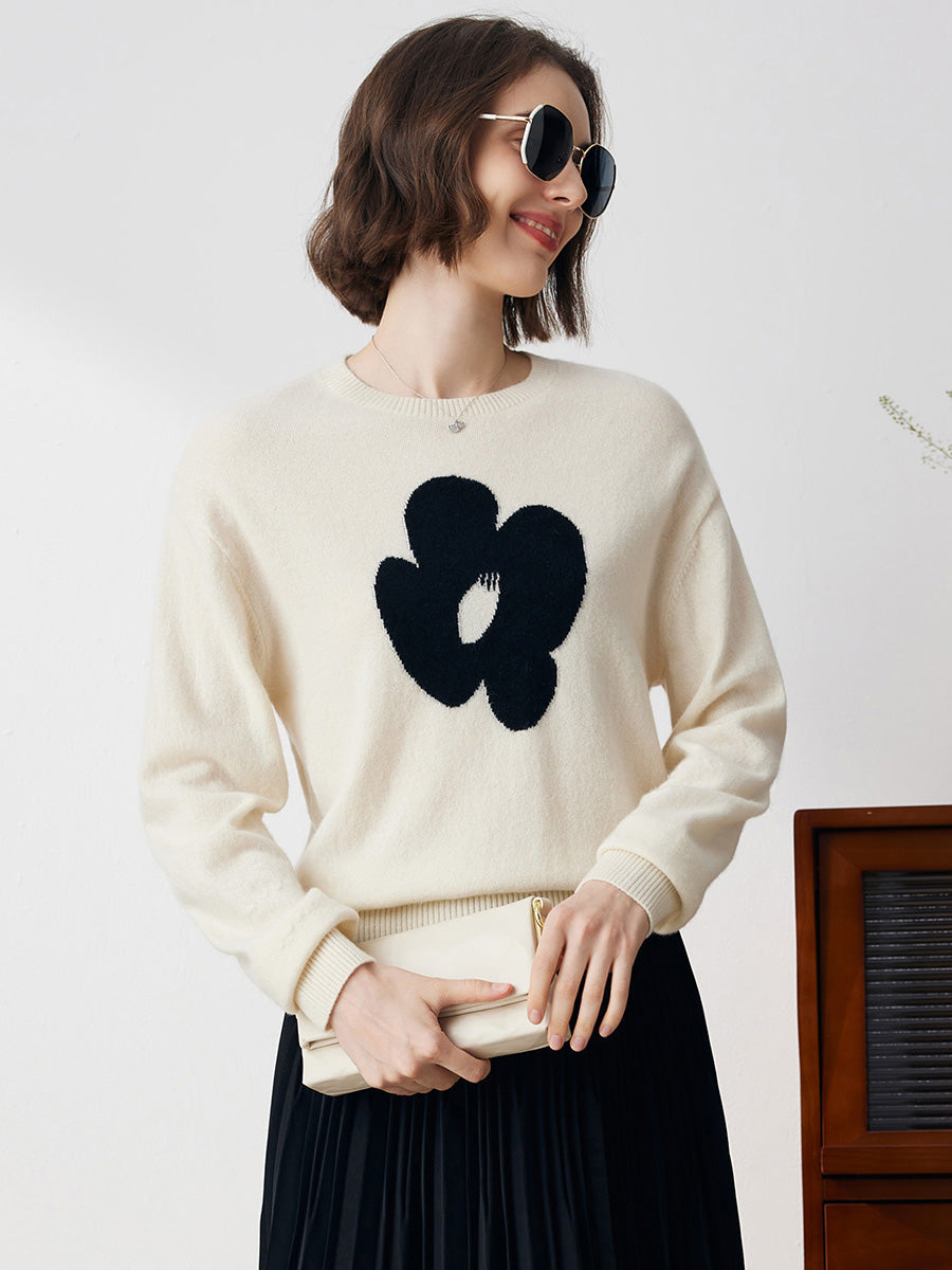 COMOBOCA 100% Cashmere Women's Floral Knit Sweater