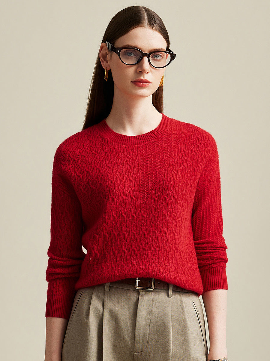 COMOBOCA Red 100% Cashmere Women's Cable Knit Sweater