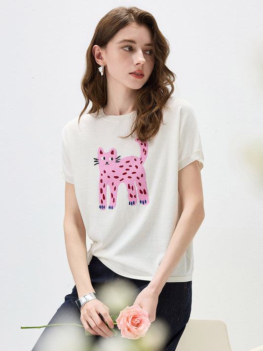 COMOBOCA Women's Leopard Cat Embroidered Knit T-Shirt