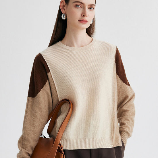 COMOBOCA 100% Cashmere Women's Color Block Round Neck Knit Sweater