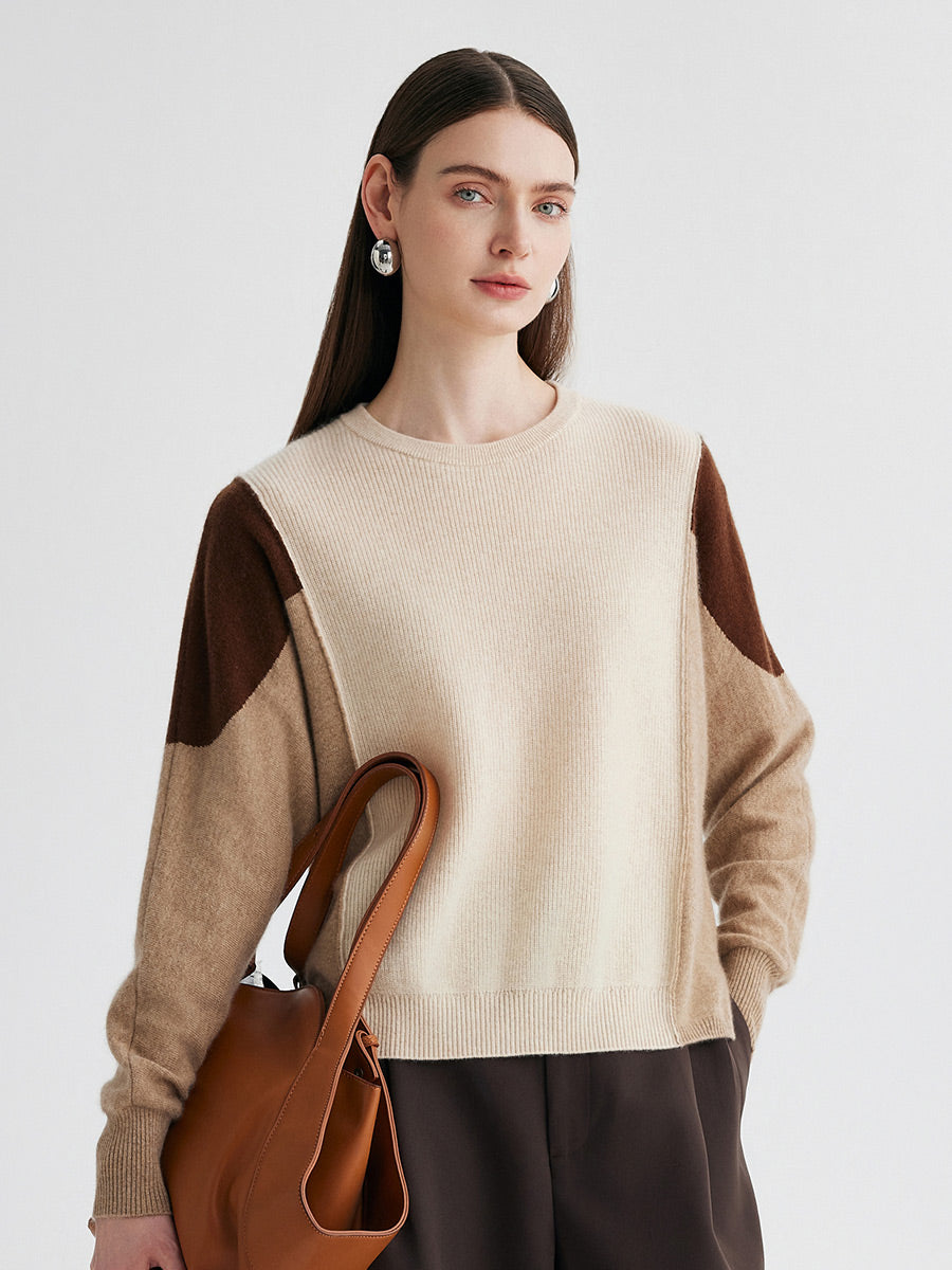 COMOBOCA 100% Cashmere Women's Color Block Round Neck Knit Sweater