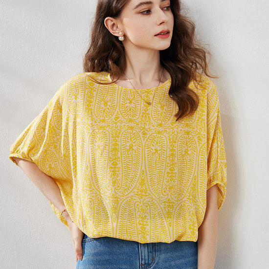 COMOBOCA Yellow 100% Mulberry Silk Women's Floral Printed Puff Sleeve Blouse