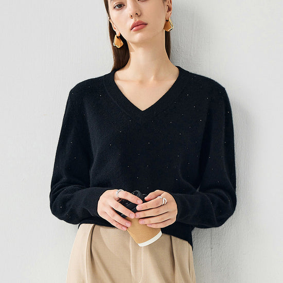 COMOBOCA 100% Cashmere Women's Sweater with Crystal Embellishments