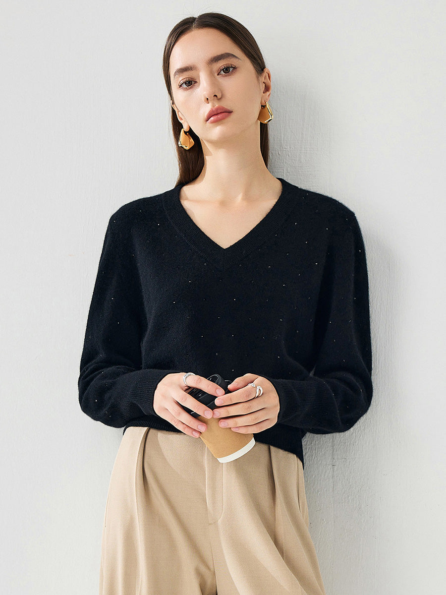 COMOBOCA 100% Cashmere Women's Sweater with Crystal Embellishments