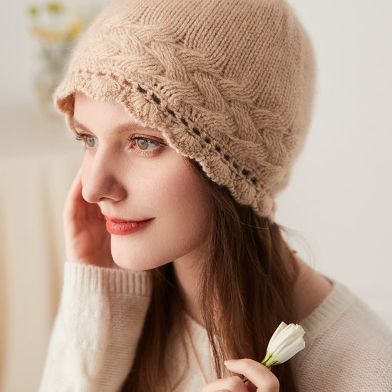 COMOBOCA 100% Cashmere Women's Crochet Trim Cable Knit Beanie