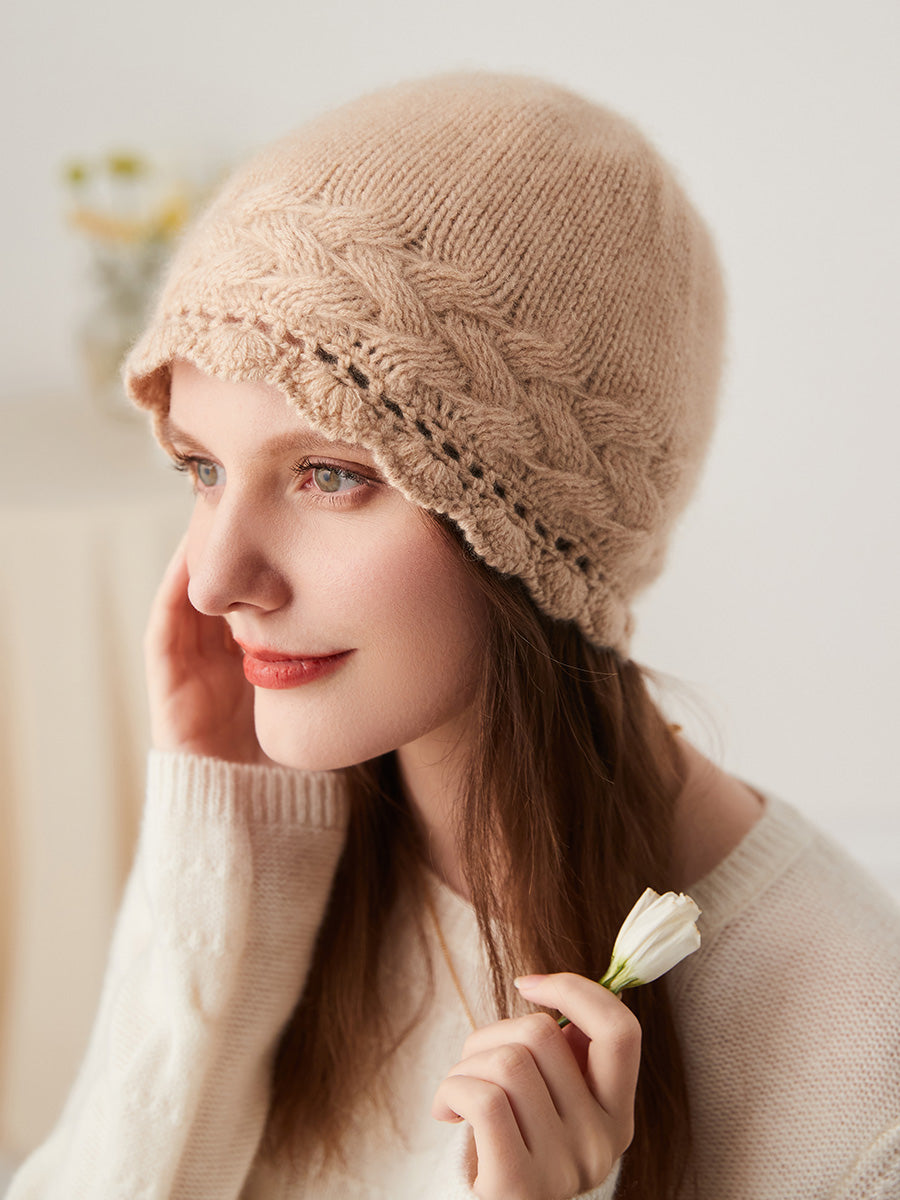 COMOBOCA 100% Cashmere Women's Crochet Trim Cable Knit Beanie