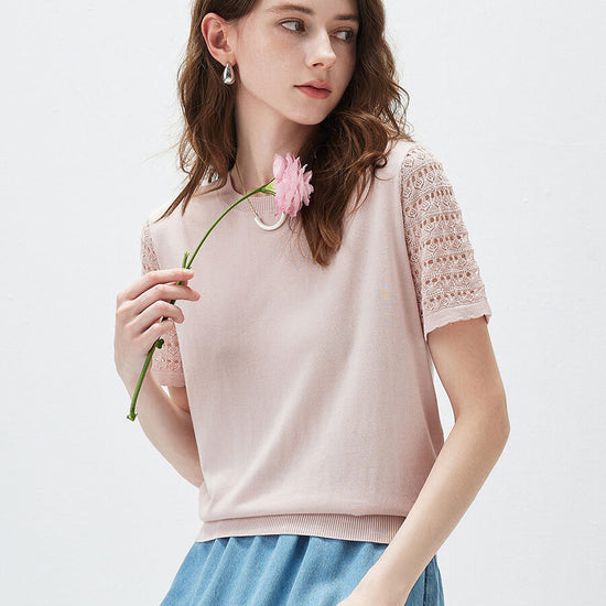 COMOBOCA Women's Lace Round Neck Knit T-Shirt