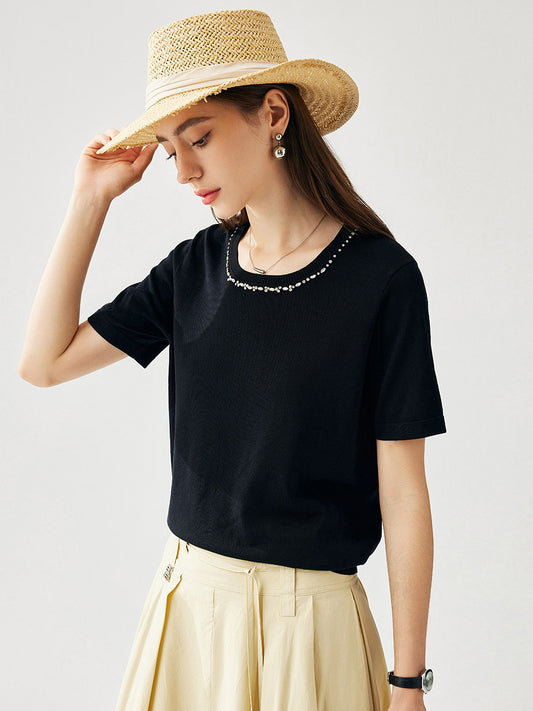 COMOBOCA Black Women's Cotton Silk Jeweled Neckline T-Shirt