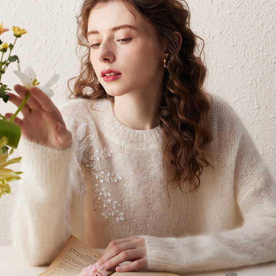 COMOBOCA Women's Mohair Embroidered Floral Sweater