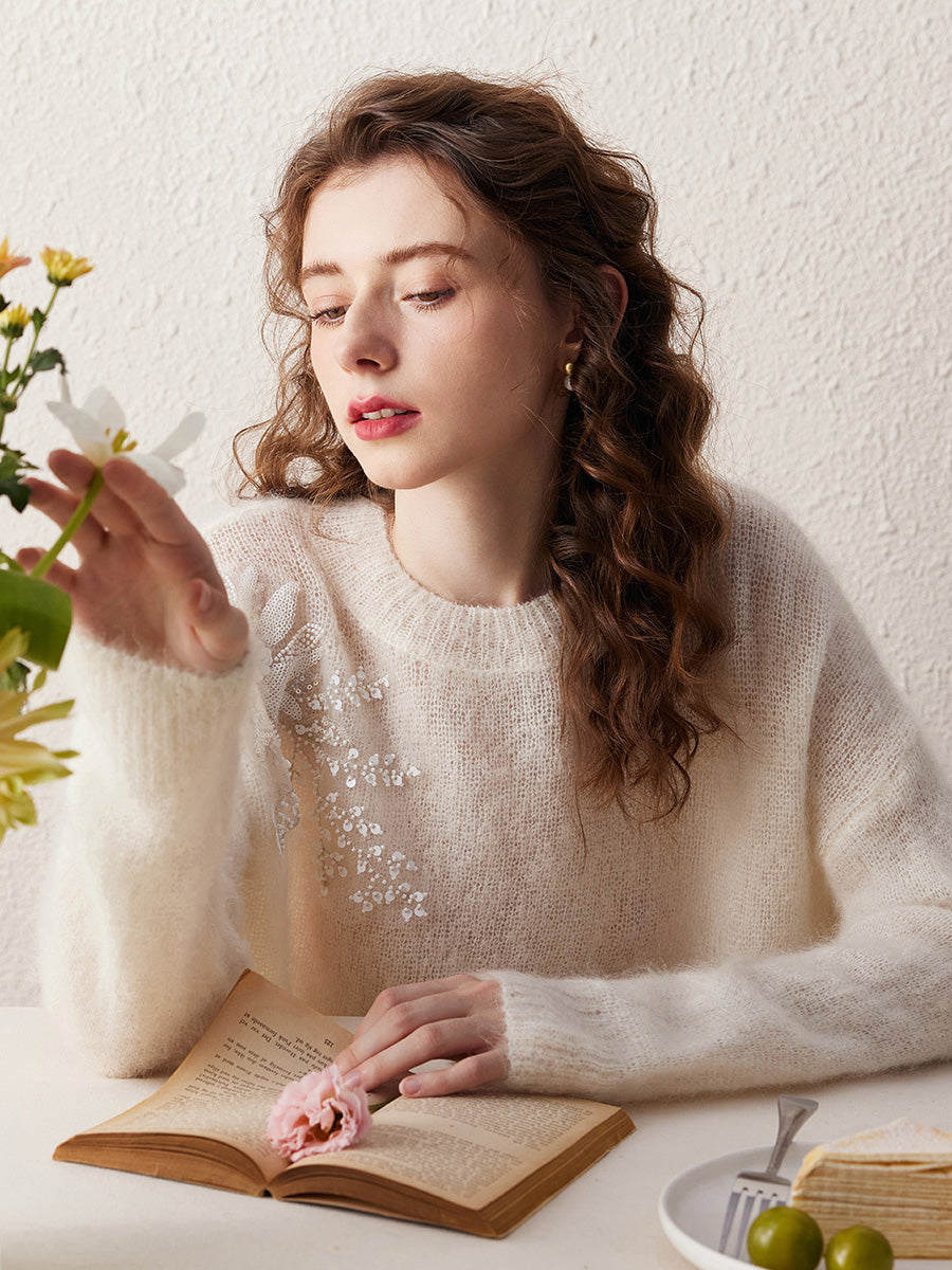 COMOBOCA Women's Mohair Embroidered Floral Sweater