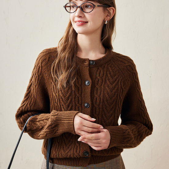 COMOBOCA Coffee 100% Wool Women's Cable Knit Button Cardigan