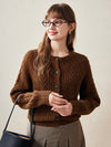 COMOBOCA Coffee 100% Wool Women's Cable Knit Button Cardigan