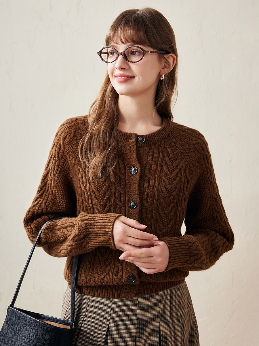 COMOBOCA Coffee 100% Wool Women's Cable Knit Button Cardigan