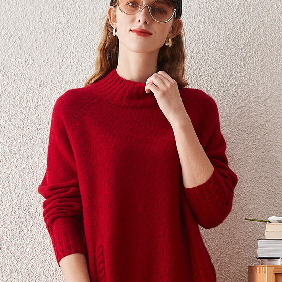 COMOBOCA RED 100% Cashmere Women's Mock Neck Knit Sweater